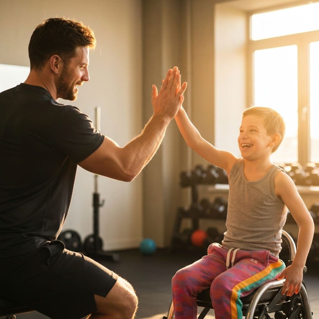 A trainer giving a high-five to a smiling athlete after a workout session