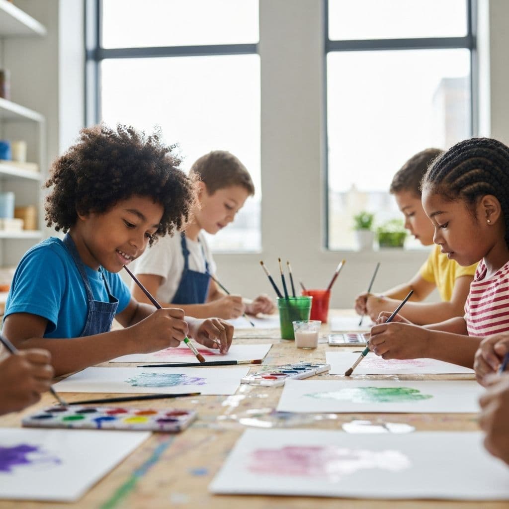 Children painting during an inclusive art class