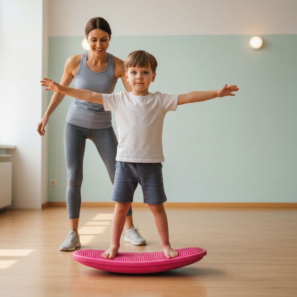 Child standing on a balance board with trainer support nearby