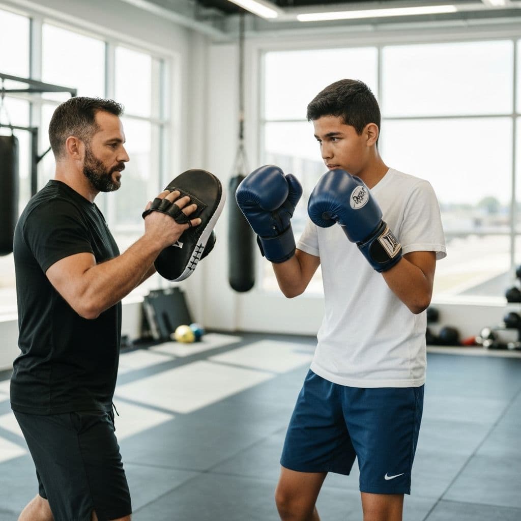 Teen practicing boxing with a trainer during an adaptive sports session