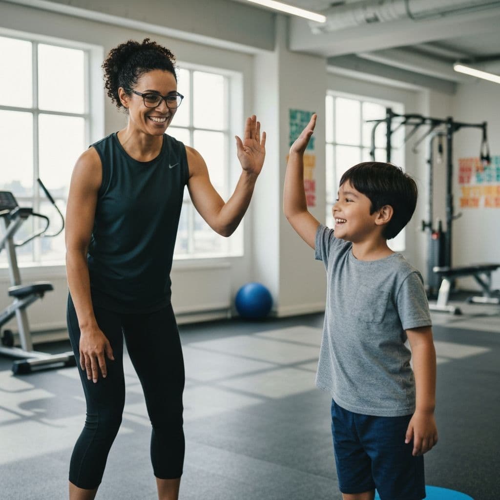 Trainer and child giving a high-five after completing an exercise