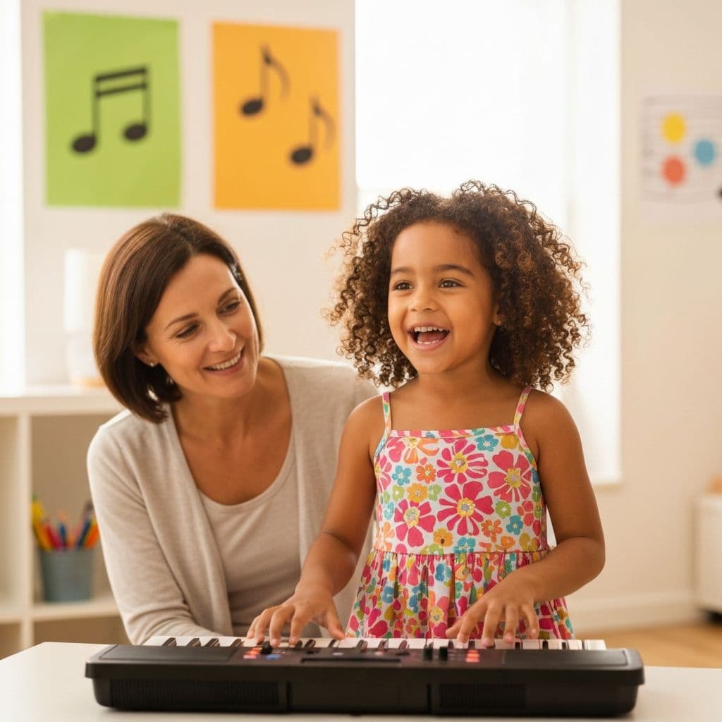 Child singing or playing music with a teacher during a music lesson
