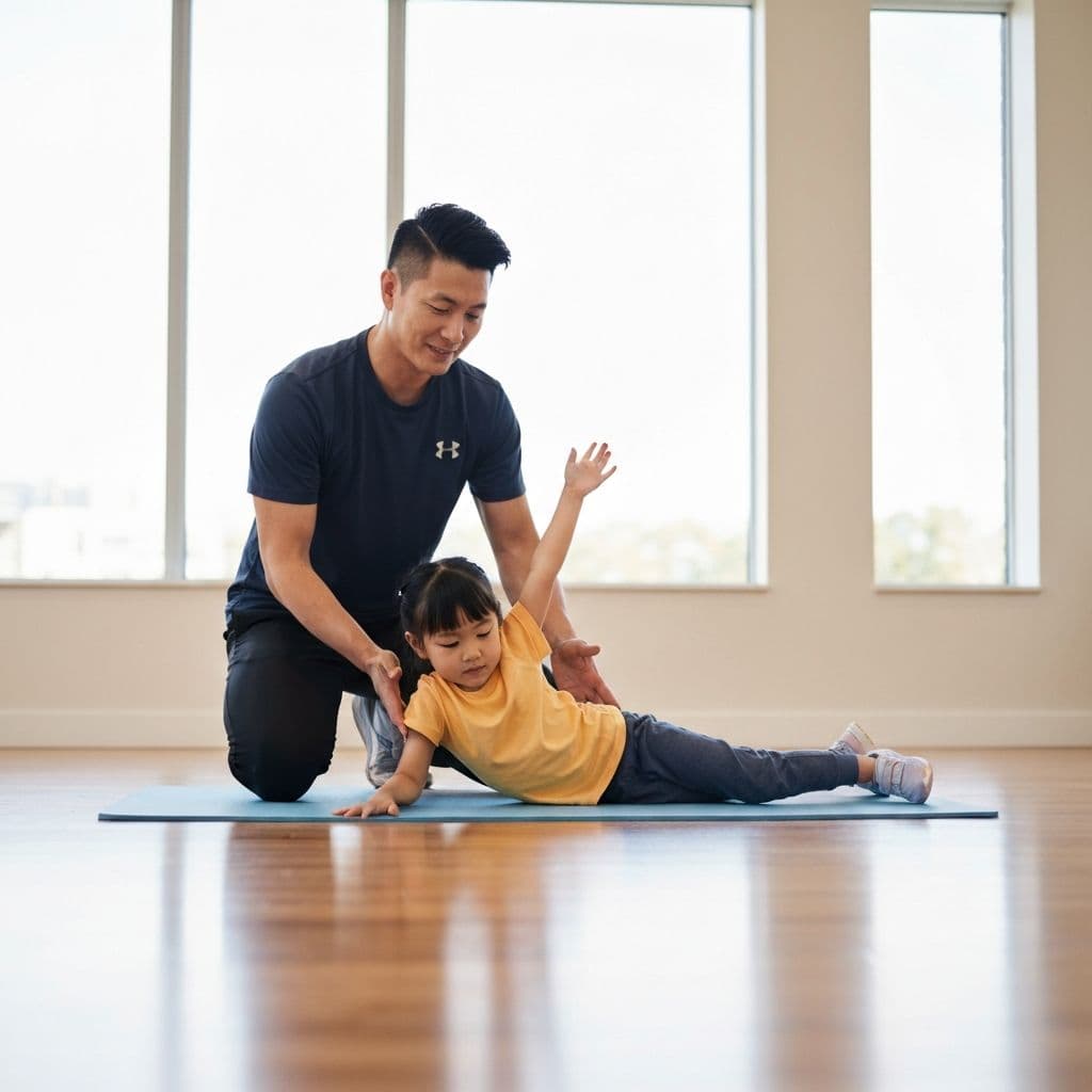 Trainer helping a child with stretching exercises on the floor