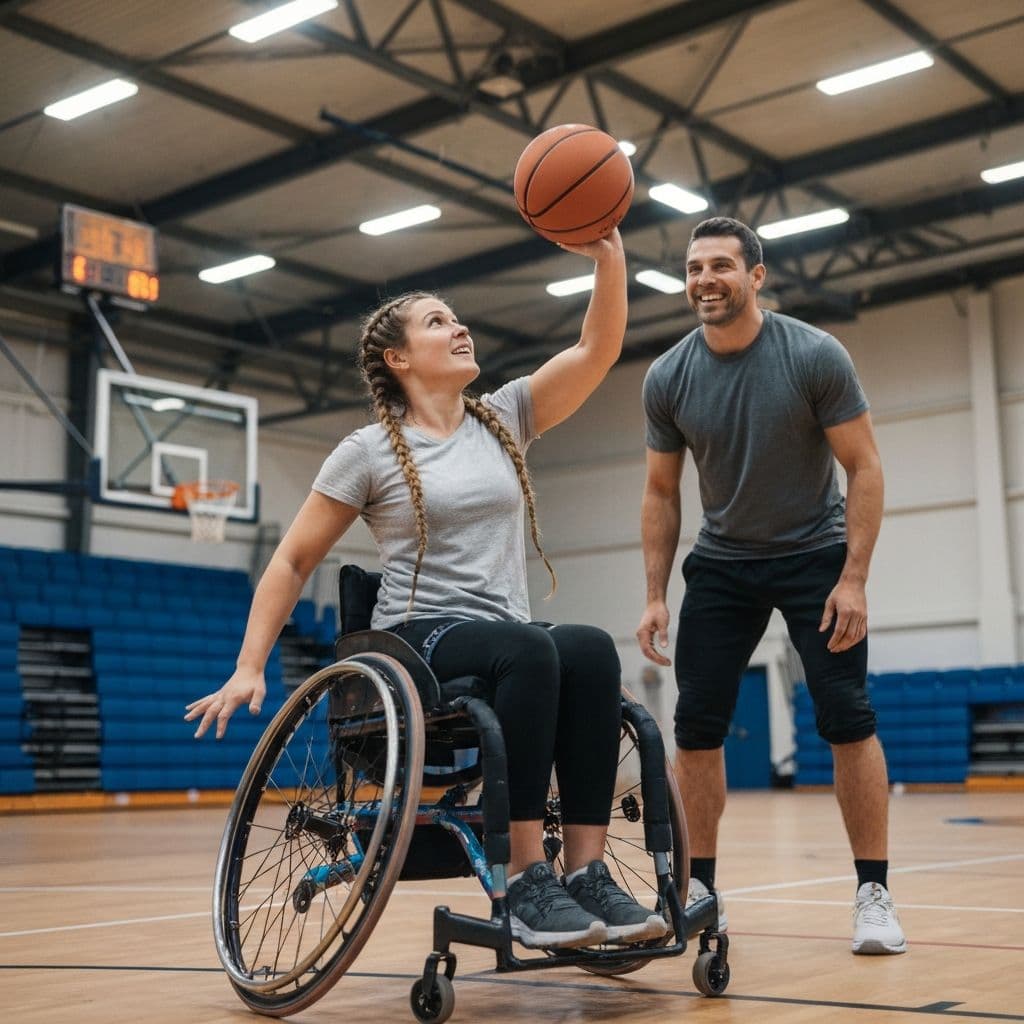 Young person in a sports wheelchair playing adaptive basketball